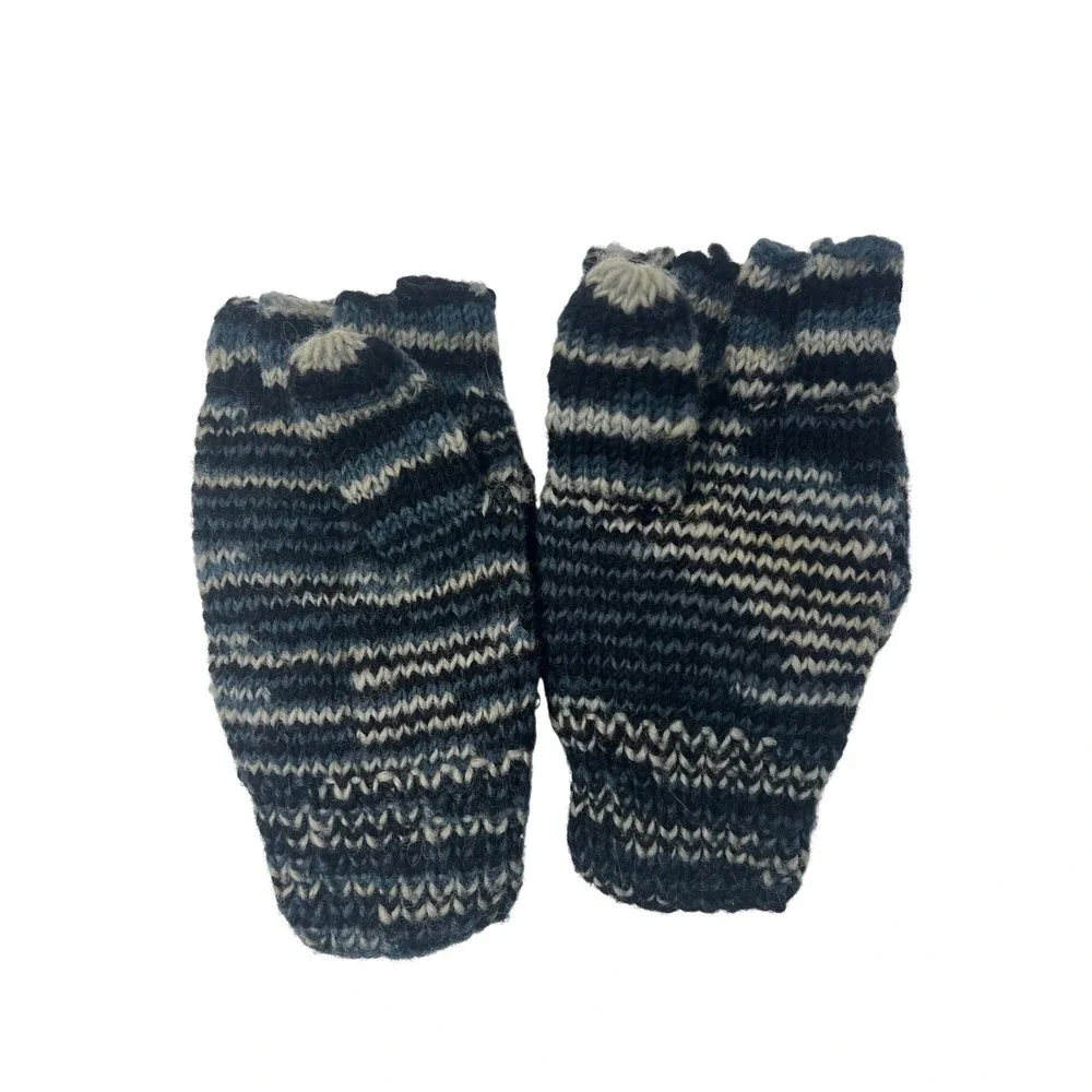 Wool Blue Marled Knit Convertible Flip Top Mittens Fleece‎ Lined Glittens